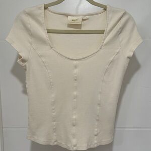 Anthropologie Maeve Size Large Cream Scoop Neck Ribbed Short Sleeve Top